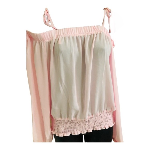 Pink cold shoulder sheer long sleeve smocked cuff waist blouse top size‎ medium - Picture 3 of 10